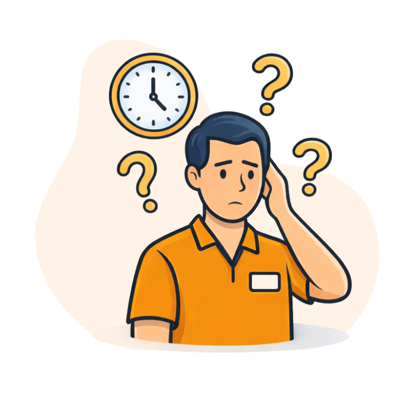 PRYYM Connect - Challenge 1 - staff continuously interrupted with questions - man depicted with clock and question marks