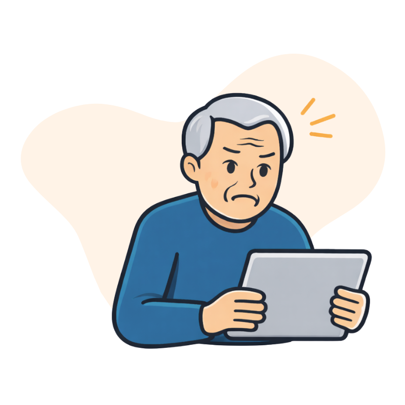 PRYYM Connect - Challenge 2 - Seniors feeling stuck with technology a frustrated man holds a tablet