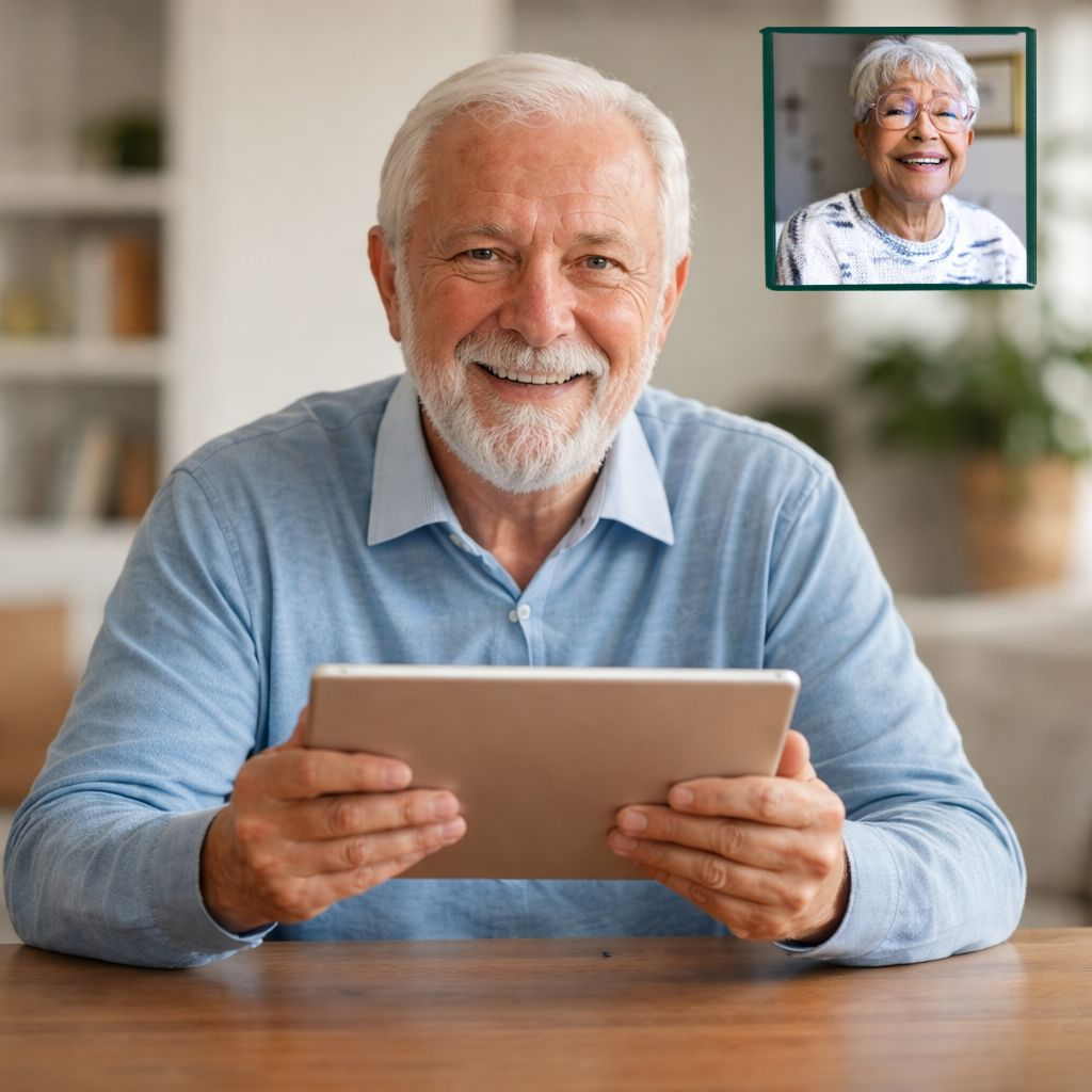 PRYYM Connect - Thriving resident holding a tablet, video chatting